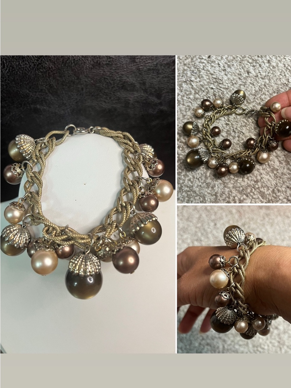 Gold-Tone Braided Charm Bracelet with Brown and Cream acorn pearls
